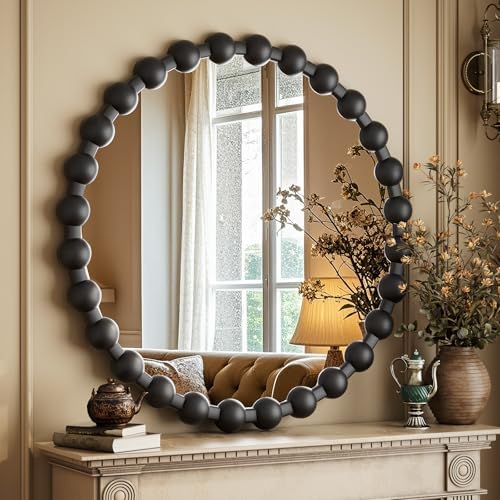 Easly Round Mirror for Wall, 24 Inch Black Beaded Frame Decorative Vanity Mirror - Image 2