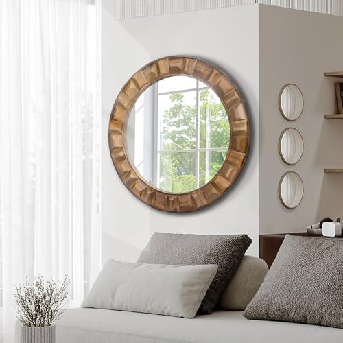 30 Inch Dark Brown Solid Wood Round Wall Mirror - Image 3