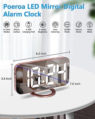 Digital Alarm Clock, 7 Inch LED Mirrored Large Display, - Image 2