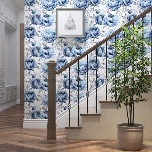 BOKEBEVE Boho Floral Wallpaper Peel and Sticck White Blue 17.5 x 118In - Image 2