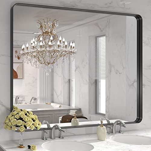LOAAO 48x36 Inch Black Bathroom Mirror Metal Framed by LOAAO