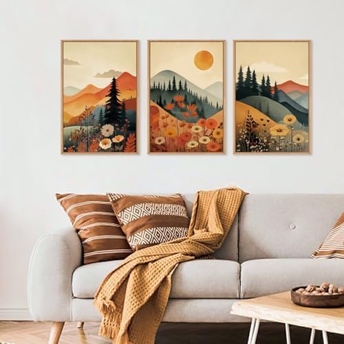LHIUEM Large Boho Mountain Sunset Framed Canvas Wall Art Set, Pine Tree Flowers - Image 2