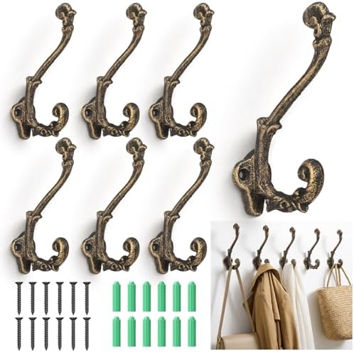 Chumia 6 Pack Rustic Wall Hooks Heavy Duty Cast Iron Brass Coat Hooks by Chumia