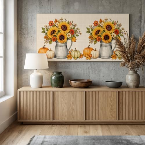 Thanksgiving Fall Large Wall Art Yellow Sunflower Pumpkins Leaf Linen Texture - Image 5