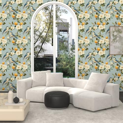 Laatse Vintage Light Blue Bird Floral Fruits Botanical Wallpaper 17.5"x393" - Image 4