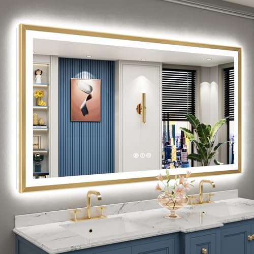 66x36 Gold Beveled LED Lighted Bathroom Mirror, Backlit & Front Lit by Awandee
