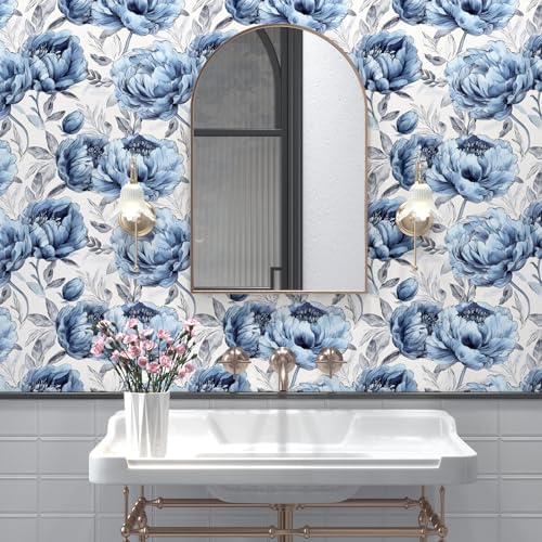 BOKEBEVE Boho Floral Wallpaper Peel and Sticck White Blue 17.5 x 118In - Image 4