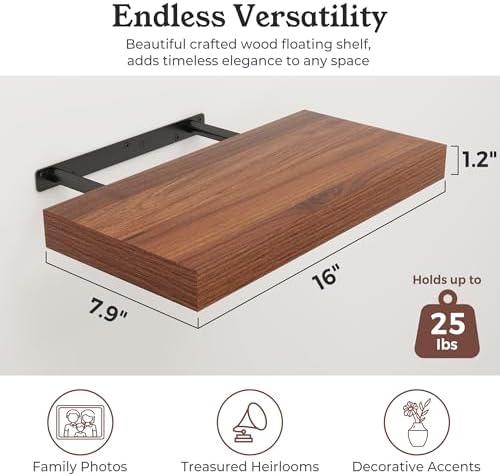 16" Walnut Floating Shelves Wood Wall Shelf, Walnut Color - Image 2