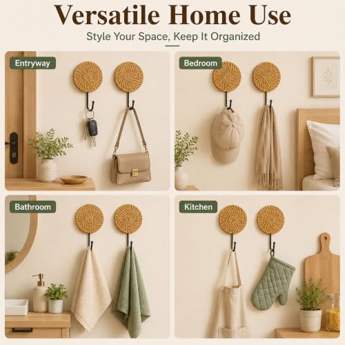 Large Decorative Wall Hooks 2 Pack Woven Rattan Boho Coat Hooks - Image 4