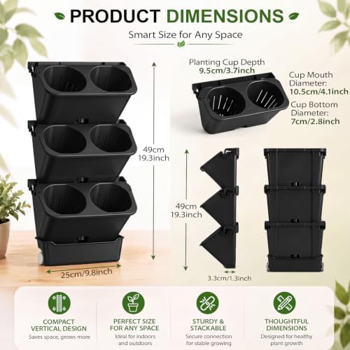 Briwooody 3 Set 6 Pocket Vertical Stackable Wall Planters Kit Outdoor Self - Image 2