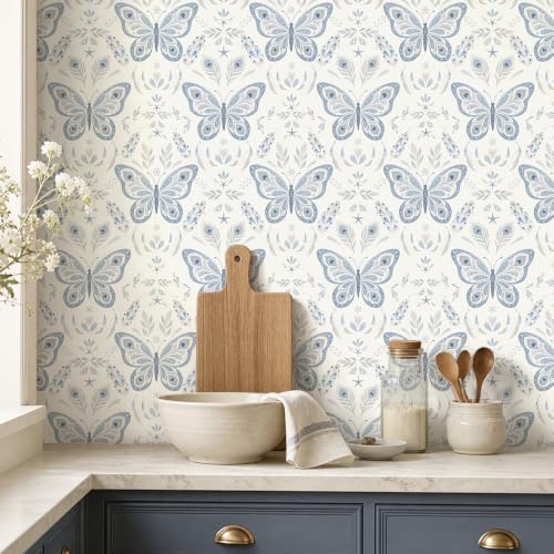 Laatse Symmetrical Butterfly Wallpaper Peel and Stick 17.5"x118", Cream Blue - Image 4