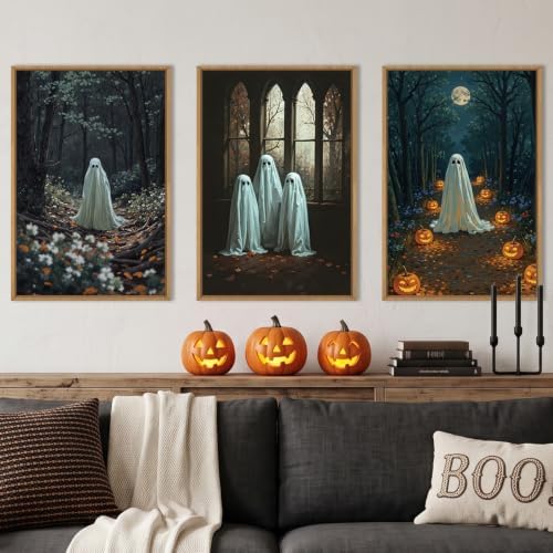 Ausril Vintage Halloween Cute Ghost Framed Wall Art Set, Scary Forest Pumpkin by Ausril