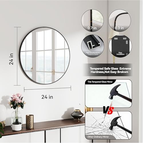 SCWF-GZ 24" Round Mirror Circle Wall Mounted Hanging/Against Wall Black - Image 3