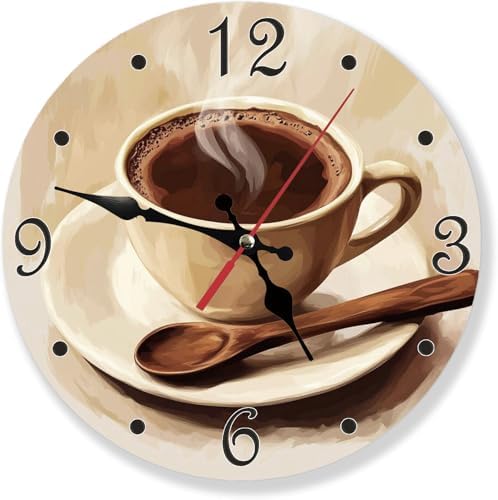 Coffee Cup Brown Art Silent Non Ticking Round Wall Clock 10 Inch, Battery by Nicegod