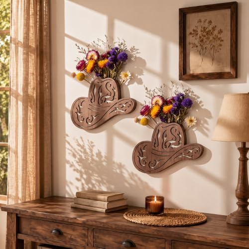Novabright 2 Pack Cowboy Hat Vase Wooden Western Wall Planter Decor - Image 2