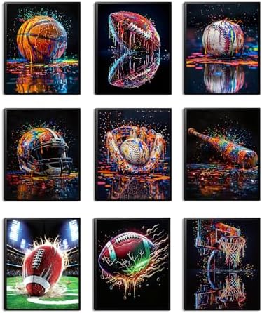 XIANGRUI Sports Wall Art Set of 9, Graffiti Basketball Baseball Football Canvas by Unknown