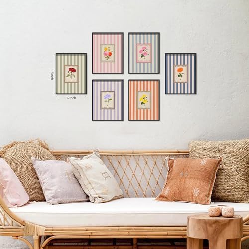 Vintage Floral Posters Wall Art Set of 6, Coquette Cute Stripe Botanical Stamp - Image 4