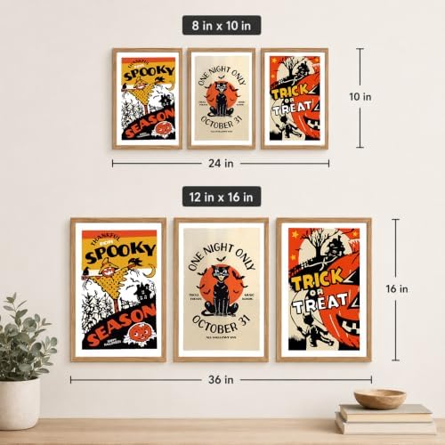 3Pcs Framed Vintage Black Cat Trick or Treat Halloween Wall Art 8x10inch - Image 2
