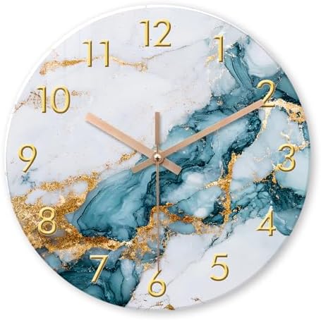 Blue Gold Wall Clock 14 Inch Modern Marble Design by RONGKEJIAJU