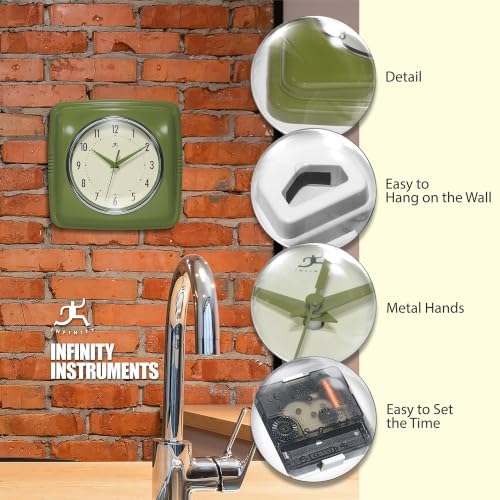 Infinity Instruments Square Retro Wall Clock, Olive Green - Image 6