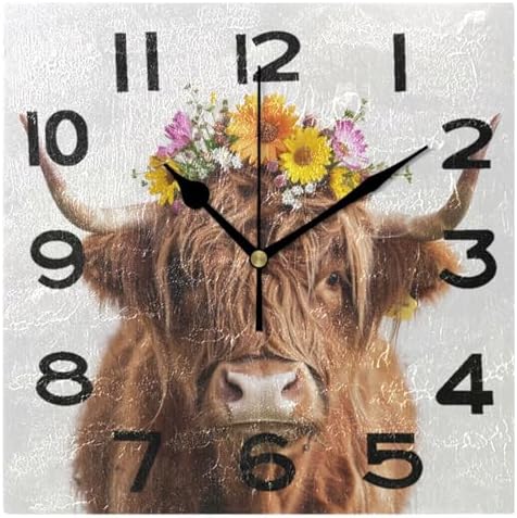 8 Inch Square Wall Clock, Beautiful Highland Cow Flower Spring Non Ticking by Peystean