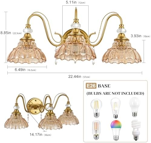 Vintage Bathroom Vanity Light, 3-Light Brushed Gold Finish Wall Sconce - Image 6