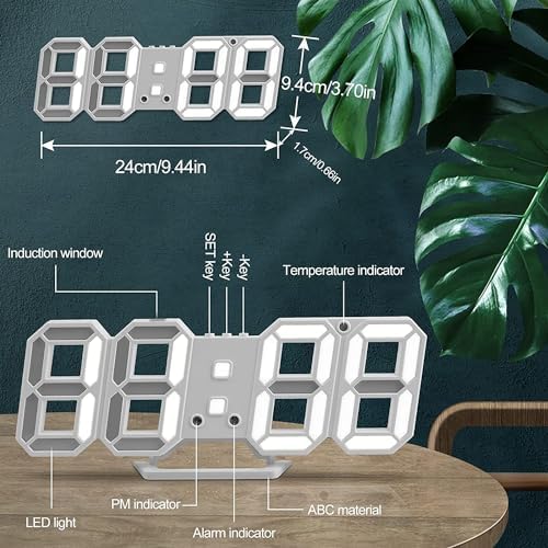 3D LED Digital Wall Desk Alarm Clock 9.5 Inch, 3 Brightness 12/24H Temp White - Image 4