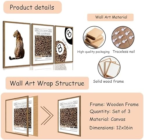 JBZDD Framed Trendy Leopard Wall Art Set of 3 Funky Lucky 8 Ball Preppy Room - Image 3