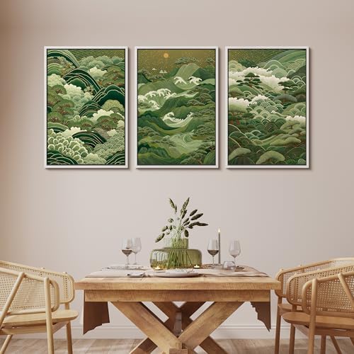 MUDECOR Framed Canvas Print Wall Art Japanese Forest Landscape Green Waves and - Image 2