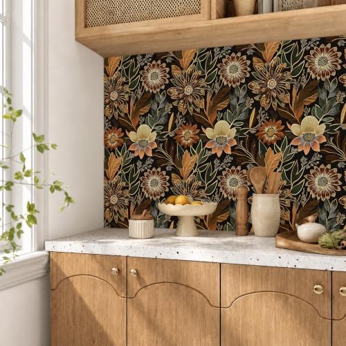 Laatse Boho Dark Black Gold Floral Wallpaper Peel and Stick 17.5"x197" - Image 6