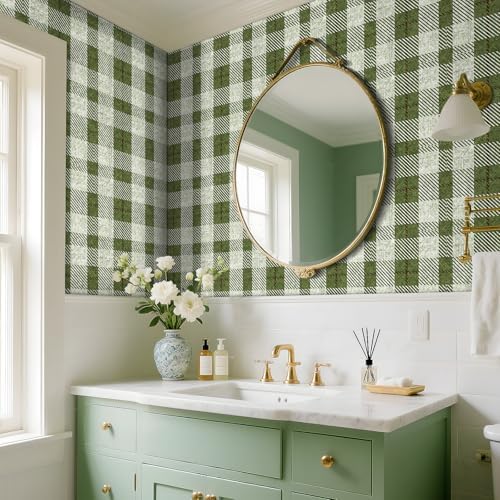 Livelynine Green Plaid Wallpaper Peel and Stick Farmhouse French Country Linen - Image 3