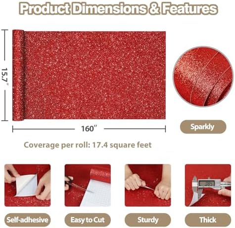 Sparkle Red Glitter Wallpaper Stick and Peel Glitter Contact Paper 15.7"x160" - Image 3