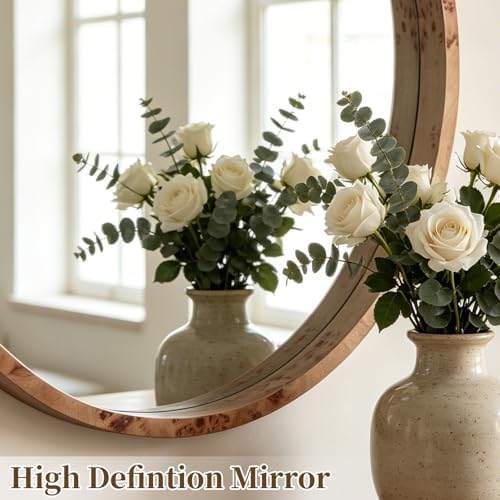 WallBeyond 28 Inch Round Wood Mirror, Burlwood Grain Wood Frame Circle Mirror - Image 3