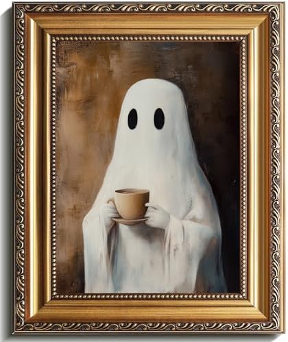 uniro Vintage Gold Framed Wall Art, Vintage Ghost Drinking Coffee Halloween by uniro