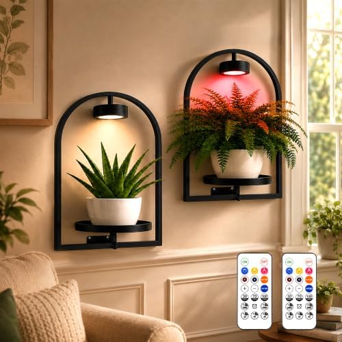 2 Pack Plant Wall Shelf with Grow Light, Wall Mounted Hanging Planter Shelf by Ajerg