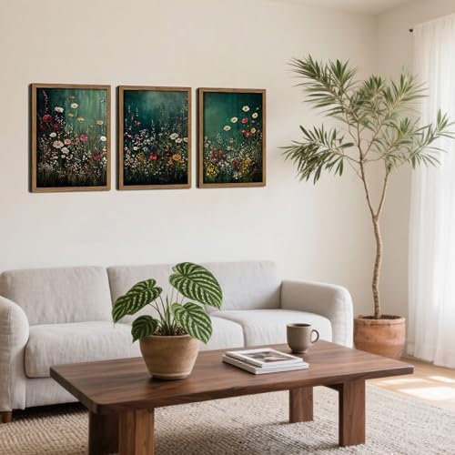 Vintage Wildflower Wall Art Set of 3, Moody Dark Green Flower Botanical Wall - Image 2