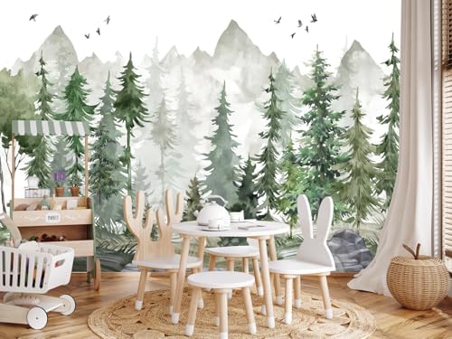 Nursery Forest Peel and Stick Wallpaper Green Landscape Wall Mural by LOOWAP