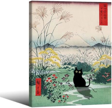 Framed Canvas Wall Art Posters Funny Japanese Black Cat Poster Modern Ukiyo-e by Unknown