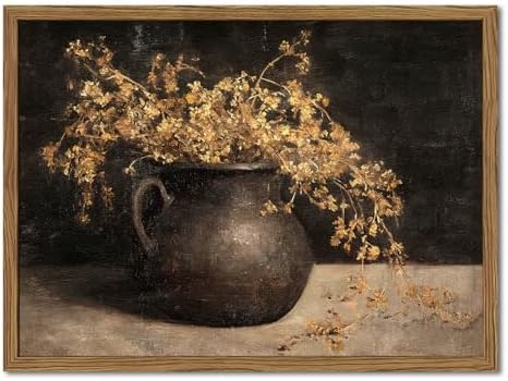 Framed Vintage Floral Wall Art, 3D Textured Sandstone Dark Still Life Flowers by Unknown