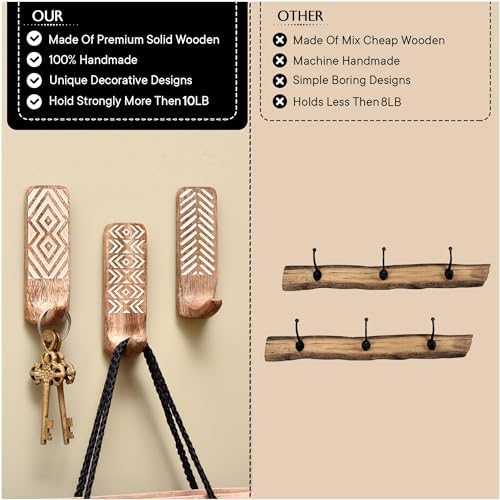 IndianShelf 10 LB- 12 Pieces Decorative Wood Adhesive Wall Hooks–Boho Peel and - Image 3
