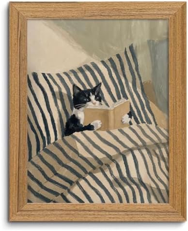 Framed Whimsical Wall Art Tuxedo Cat Reading Book Canvas Print Decor by ZMDDYSWallArt