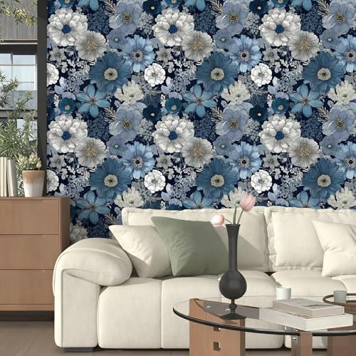 Navy Blue Floral Peel and Stick Wallpaper, Vintage Blue Bloom Wallpaper - Image 7