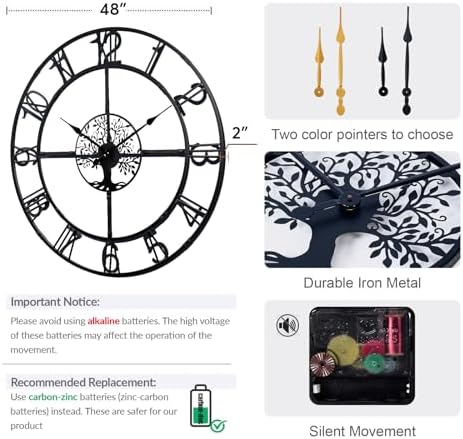 48in Large Silent Wall Clock, Easy Assembly Roman Numeral Black - Image 2
