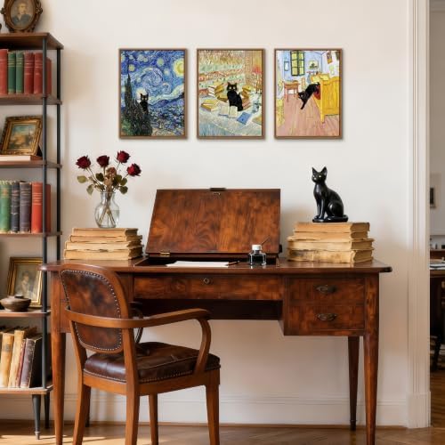 WENGTIAO 3Pcs Funny Black Cat Van Gogh Famous Painting Wall Art 12" x16x3 - Image 2