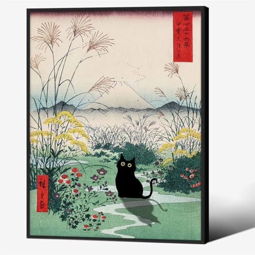 Black Framed Canvas Wall Art Posters Funny Japanese Black Cat Poster Modern by Unknown