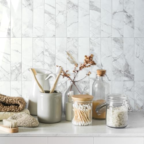 AULIGET Polished White Marble Peel and Stick Backsplash Wall Tiles - Image 2