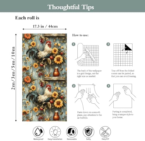 Sunflowers Rooster Wallpaper Peel and Stick 17.3"x236" Non-Woven Fabrics Self - Image 7