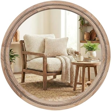 Solid Wood 36 Inch Round Beaded Wall Decor Mirror, Natural Wood by Pocetry