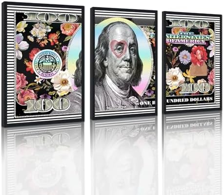 Black Framed Wall Art Canvas Money 100 Dollar Flowers Painting 3 Panels by YatsenBridge