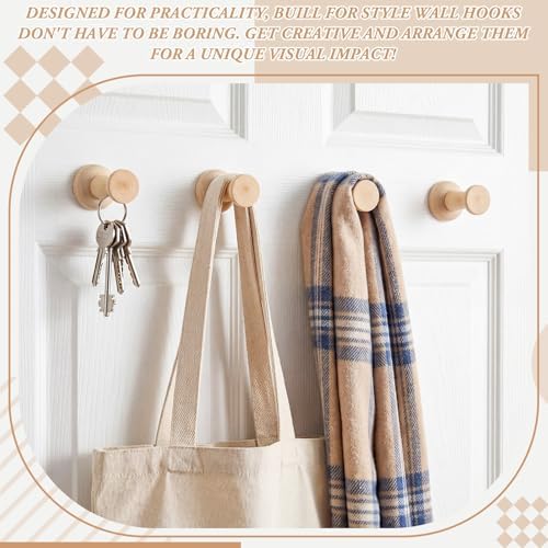 6 Pack Natural Wooden Adhesive Coat Hooks, Rustic Wall Hangers - Image 3